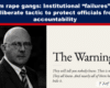 News headline about alleged institutional failures in Muslim rape gangs; portrait of a man in a suit on the left and 'The Warnings' text on the right.