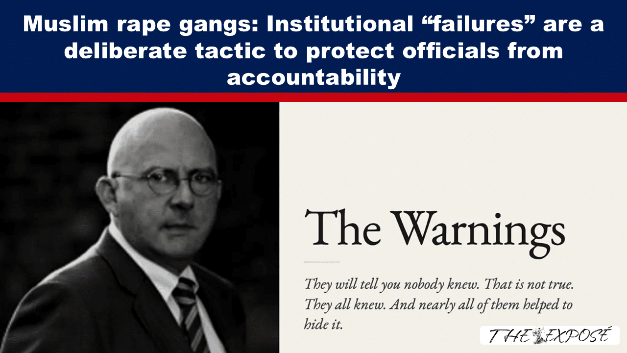 News headline about alleged institutional failures in Muslim rape gangs; portrait of a man in a suit on the left and 'The Warnings' text on the right.