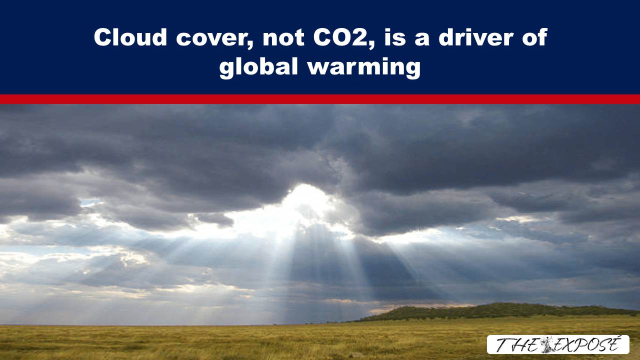 Bold blue banner with the headline 'Cloud cover, not CO2, is a driver of global warming' over a red underline, above a sunlit grassland with dramatic clouds and sunbeams.