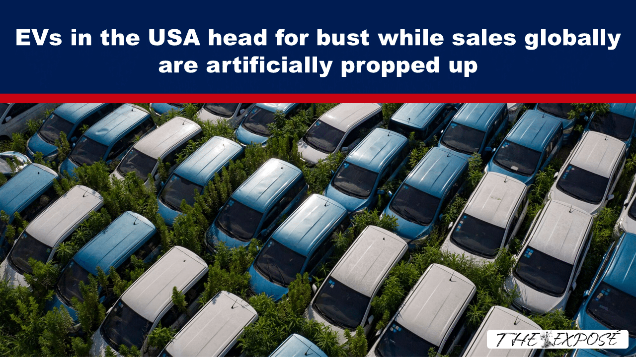 Aerial view of a weed-filled car lot with a bold headline: 'EVs in the USA head for bust while sales globally are artificially propped up'.