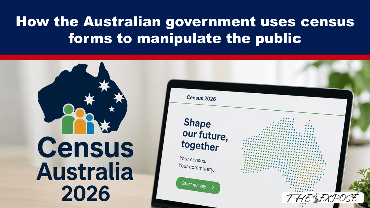 Banner headline: 'How the Australian government uses census forms to manipulate the public' with a dark blue header and red underline; below is Census Australia 2026 logo and a laptop screen showing the Census 2026 interface with a dotted map of Australia and a 'Start survey' button.