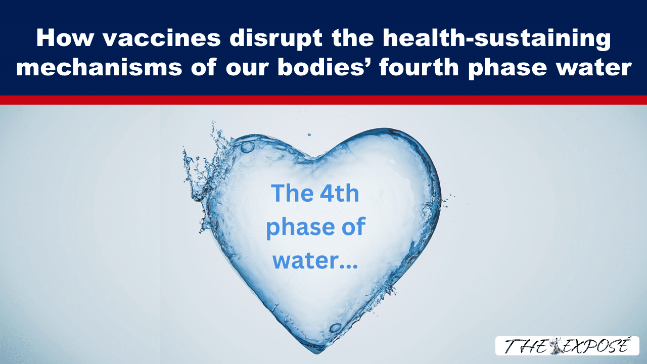 Banner headline about vaccines disrupting the body's fourth phase water, with a blue ice heart displaying 'The 4th phase of water...'