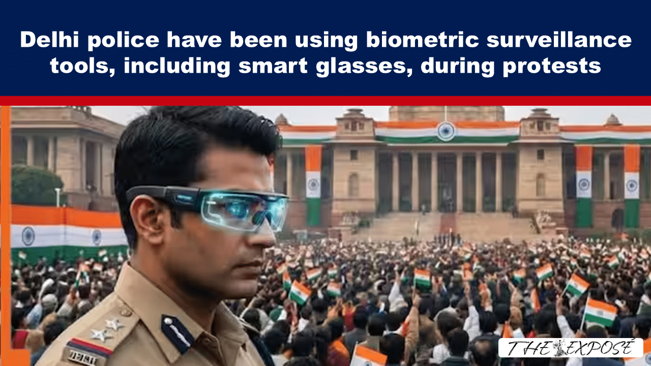 Police officer wearing blue-tinted smart glasses overlooking a large protest with Indian flags and a government building in the background.