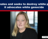 Banner with bold white text accusing SPLC of white genocide above a portrait of a blonde woman in black attire; logo bottom-right reads 'THE EXPOSÉ'.