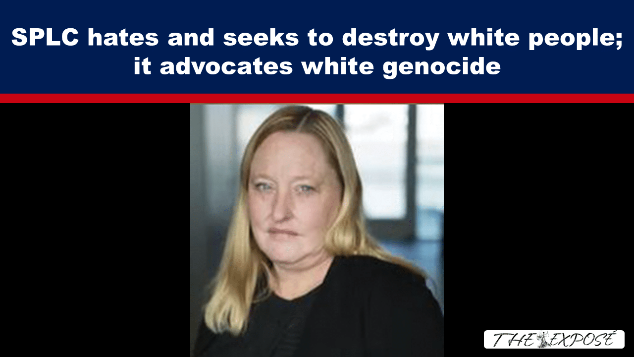 Banner with bold white text accusing SPLC of white genocide above a portrait of a blonde woman in black attire; logo bottom-right reads 'THE EXPOSÉ'.