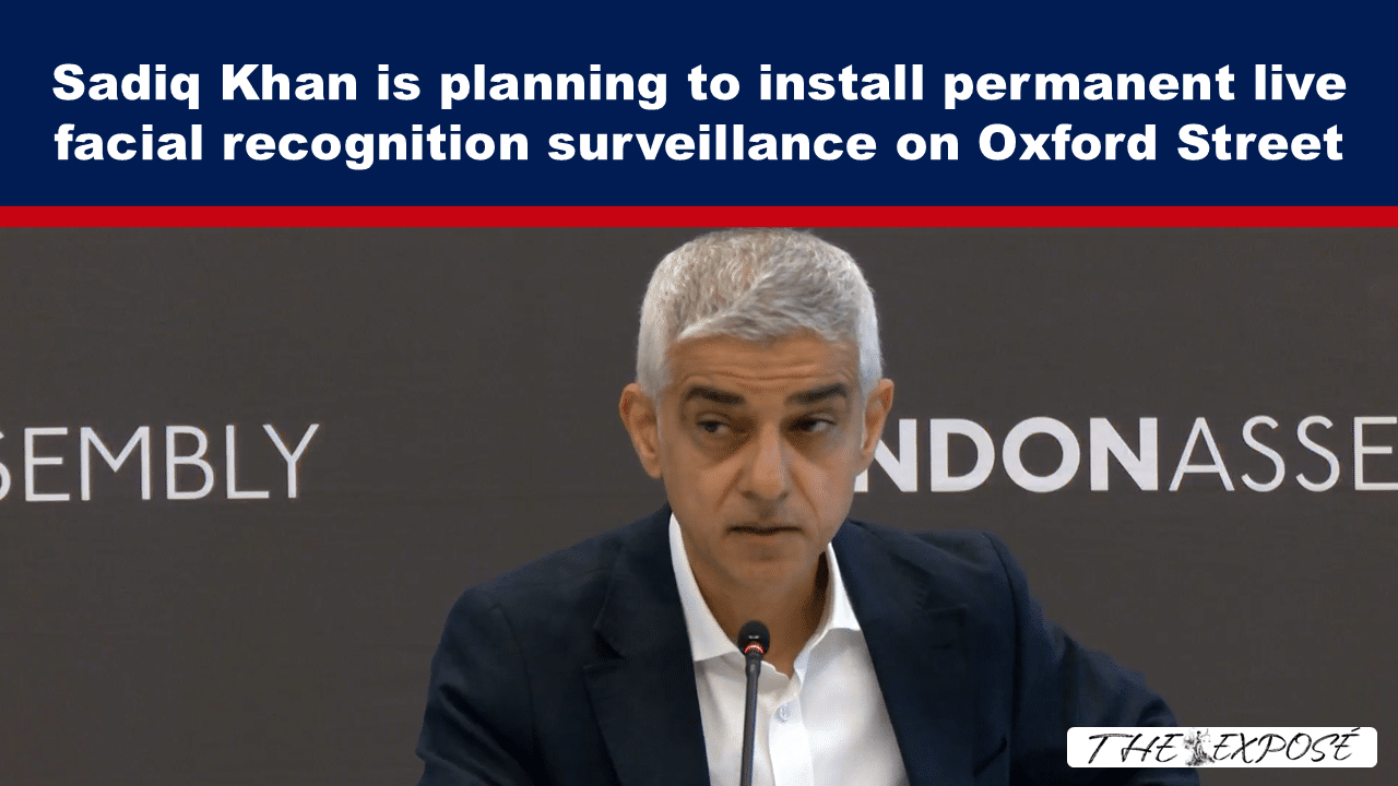 News banner above a man at a microphone; headline about permanent facial recognition surveillance on Oxford Street.