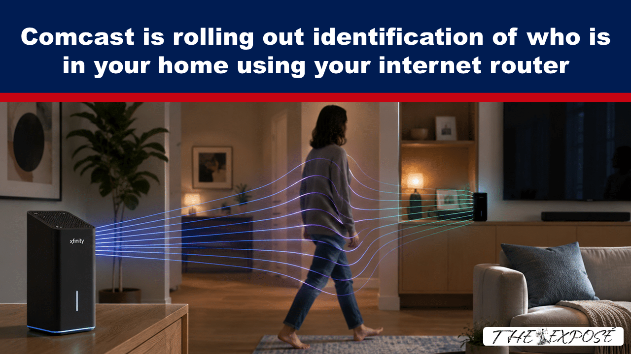 Living room scene with a Wi‑Fi router on a table and colorful lines tracing toward a walking woman, illustrating in‑home device identification by the router in Comcast’s feature.