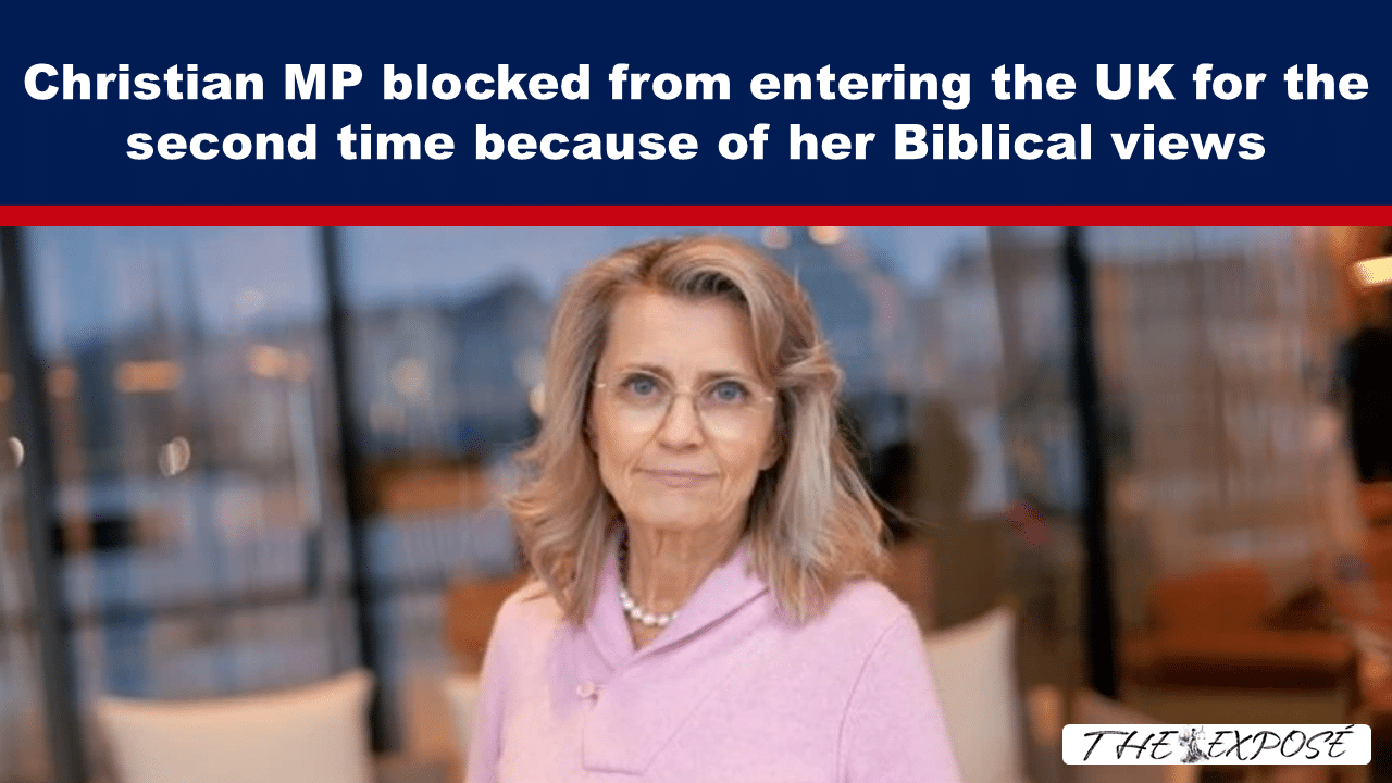 News banner: Christian MP blocked from entering the UK again over Biblical views; photo of a mature woman in a pink blazer.