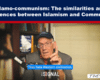 Banner headline about Islamo-communism above a video still of an elderly man in a cap and suit speaking into a microphone, captioned 'They hate Western civilization.'