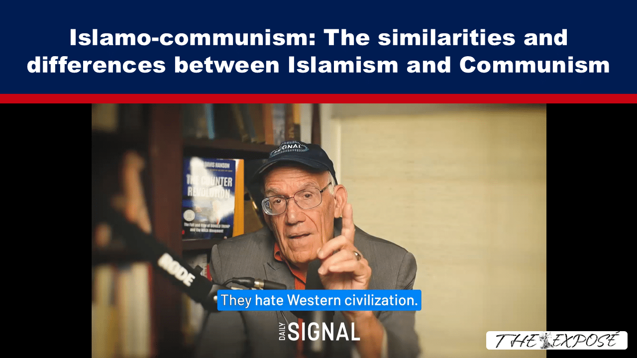 Banner headline about Islamo-communism above a video still of an elderly man in a cap and suit speaking into a microphone, captioned 'They hate Western civilization.'