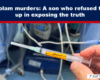 News banner: bold white headline on dark blue background about Midazolam murders; foreground shows a syringe in a hand.