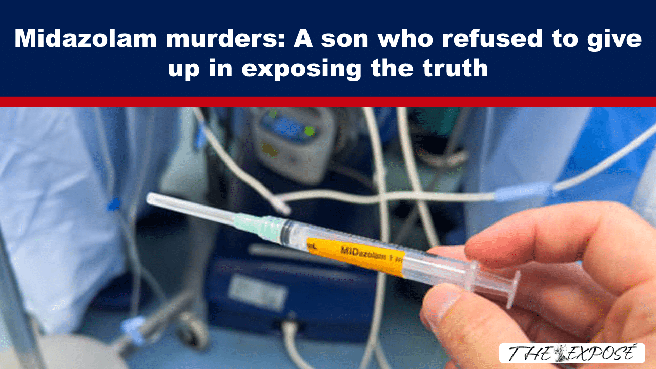 News banner: bold white headline on dark blue background about Midazolam murders; foreground shows a syringe in a hand.