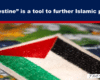 Header reads: '“Palestine” is a tool to further Islamic plans' with a red divider, above a close-up of a Palestinian flag patch on a world map.
