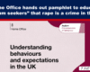Graphic banner: headline about Home Office pamphlet on asylum seekers and rape being a crime in the UK; below, a pale document cover with ‘Understanding behaviours and expectations in the UK’ and Home Office logo.