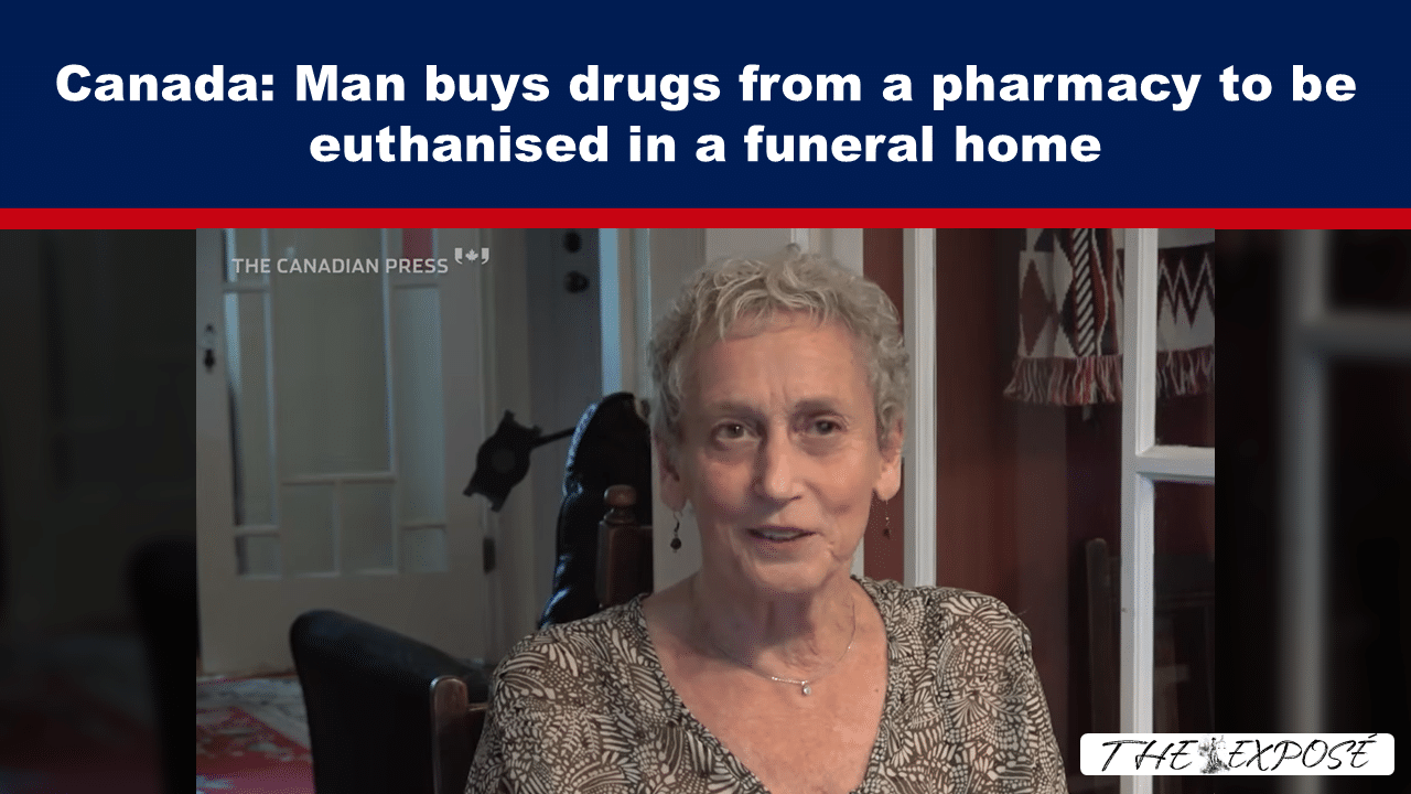 Video still of an older woman speaking at home; top banner reports a Canadian euthanasia case, with The Canadian Press watermark and The Exposé logo.