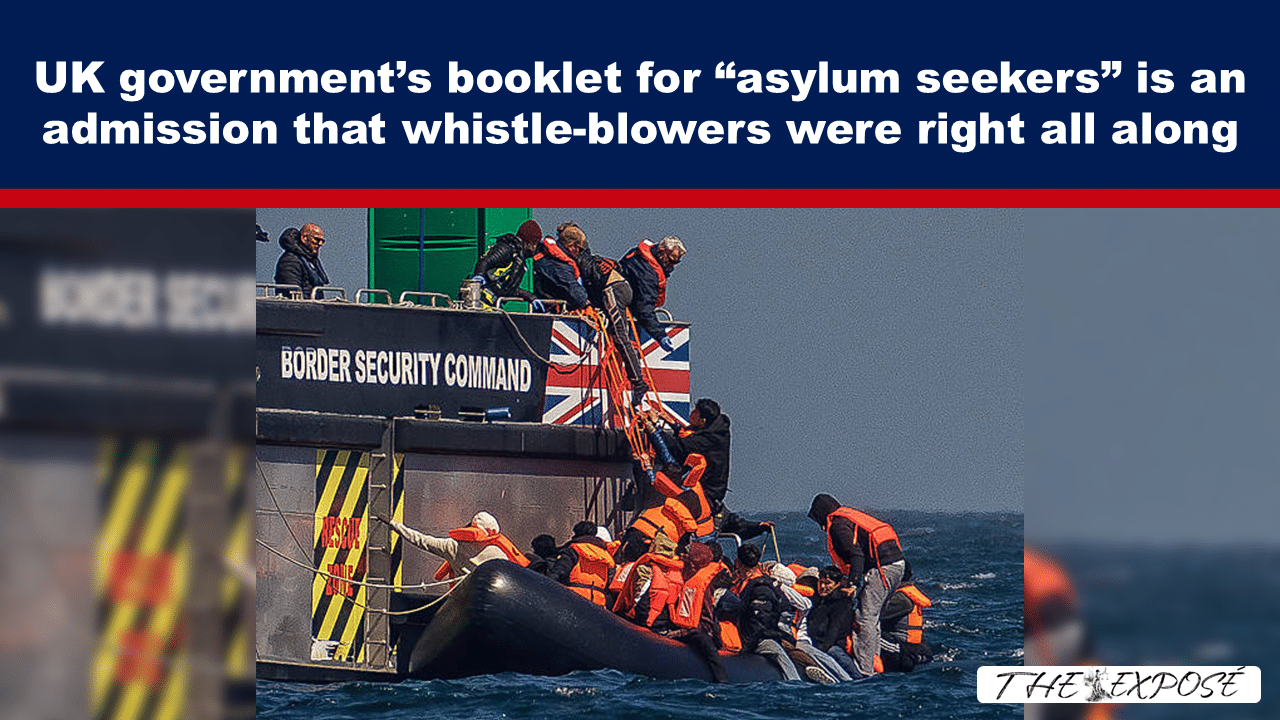 Border Security Command boat at sea with asylum seekers in orange life jackets clinging to the hull; headline discusses UK asylum policy and whistle-blowers.