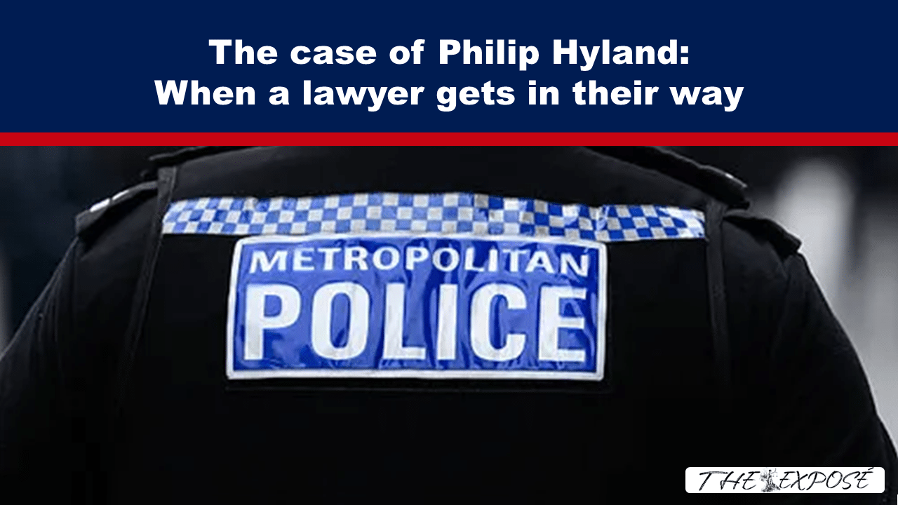 Blue banner headline: 'The case of Philip Hyland: When a lawyer gets in their way' over a photo of a Metropolitan Police officer's back with a blue badge patch.