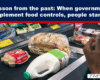 Bold headline banner about governments' food controls causing starvation over a grocery checkout scene with bread, milk, and eggs visible