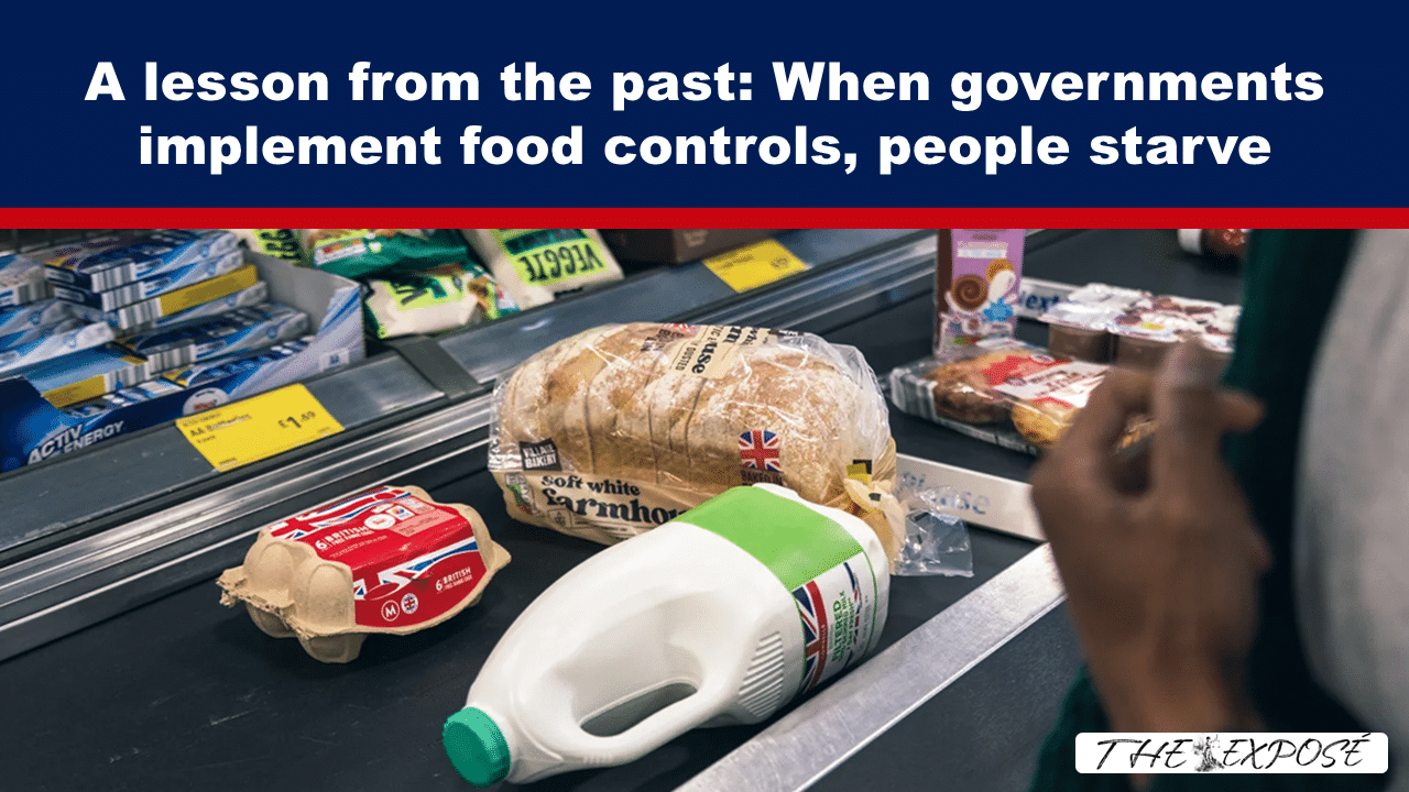 Bold headline banner about governments' food controls causing starvation over a grocery checkout scene with bread, milk, and eggs visible