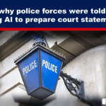 Header banner reads: 'Here’s why police forces were told to stop using AI to prepare court statements'; blue police lantern photo beneath.