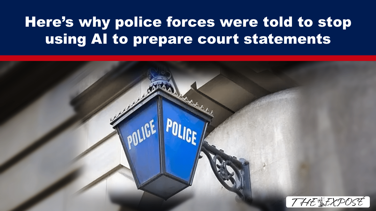 Header banner reads: 'Here’s why police forces were told to stop using AI to prepare court statements'; blue police lantern photo beneath.