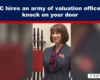News banner claiming HMRC hires an army of valuation officers to knock on your door; portrait of a smiling woman in a dark suit beneath the blue header text.