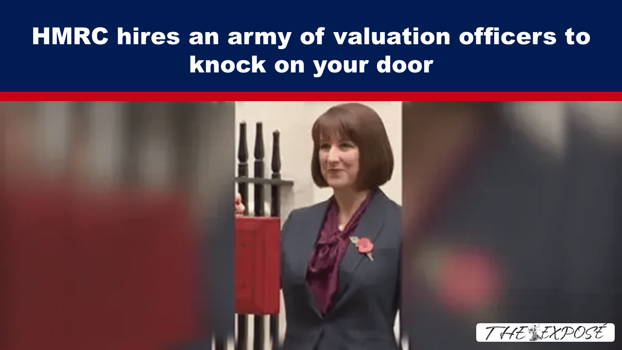 News banner claiming HMRC hires an army of valuation officers to knock on your door; portrait of a smiling woman in a dark suit beneath the blue header text.