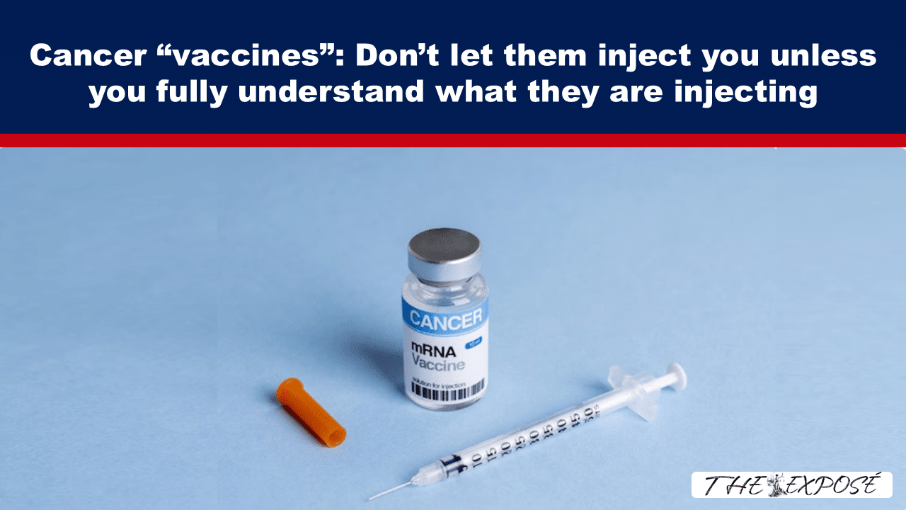 Bold banner headline about cancer vaccines above a photo of a vial labeled 'CANCER mRNA Vaccine' and a syringe on a blue surface.