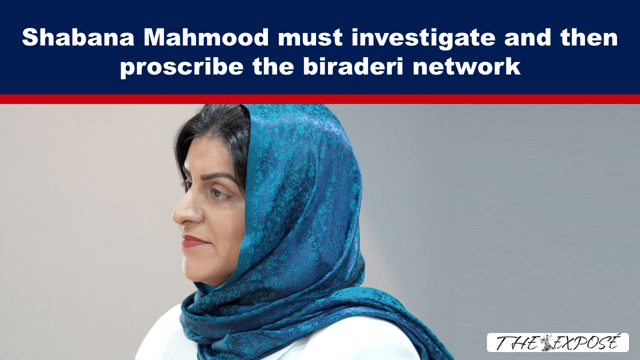 Banner headline urging Shabana Mahmood to investigate and proscribe the biraderi network; portrait of a woman in a teal hijab beneath the text.