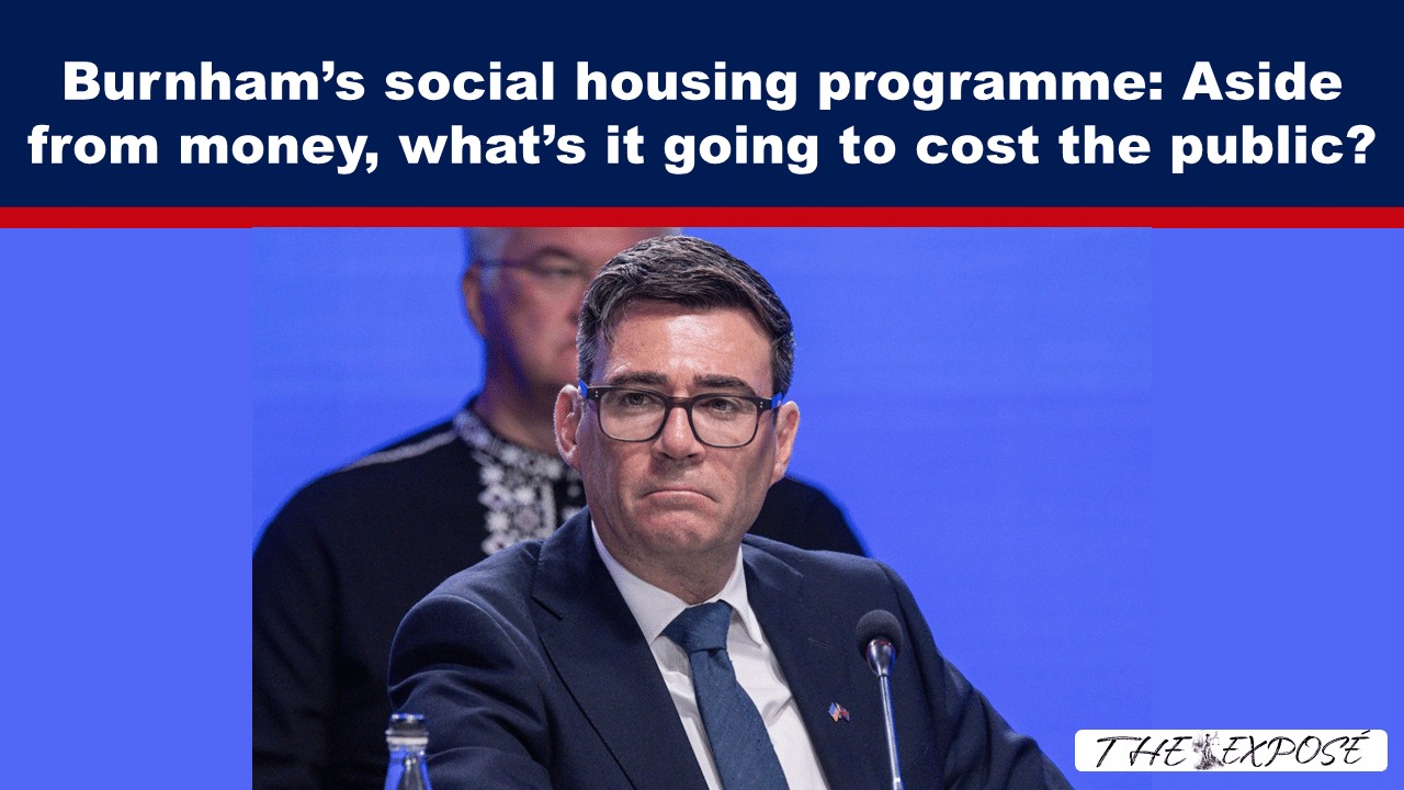 Politician in a suit and glasses at a panel, blue backdrop, with a bold headline about Burnham’s housing programme and public cost; Exposé watermark.