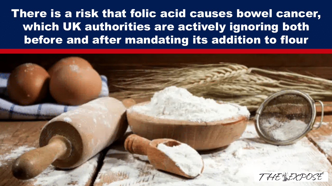 Blue banner with bold white text about folic acid risk above a baking scene with eggs, flour, a rolling pin, and wheat on a wooden table.