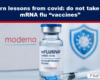 Close-up of a vaccine vial labeled mFLUSIVA (mRNA-1010) and a syringe in the foreground, with a headline about not taking mRNA flu vaccines in a news graphic.