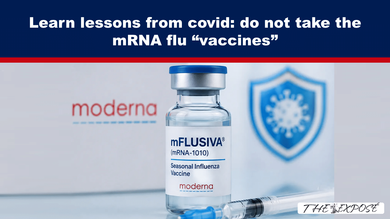 Close-up of a vaccine vial labeled mFLUSIVA (mRNA-1010) and a syringe in the foreground, with a headline about not taking mRNA flu vaccines in a news graphic.