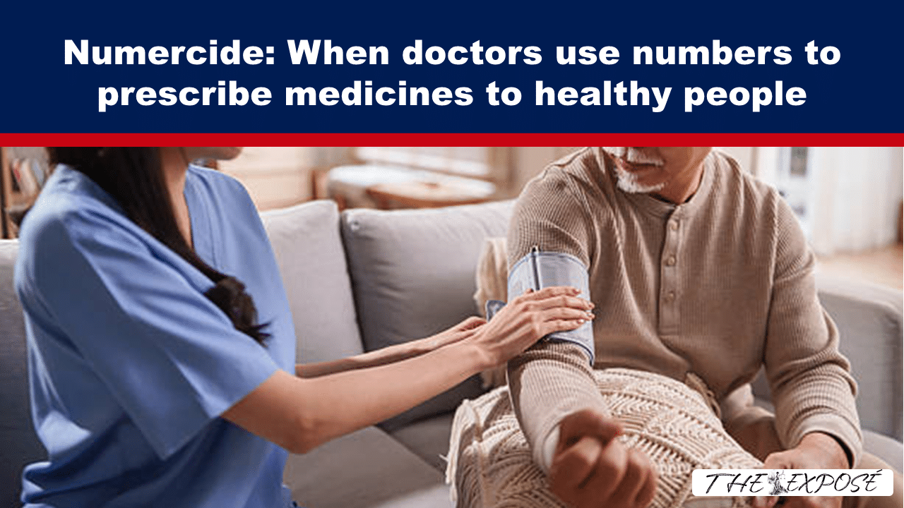 Nurse checks an older man's blood pressure on a couch; article headline reads 'Numericide: When doctors use numbers to prescribe medicines to healthy people' (informational image).