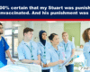Quote image about punishment for unvaccination with healthcare team in a hospital setting. The group of clinicians stands together as a nurse writes on a clipboard while a presenter points at a board; featured quote at top reads about punishment and death.