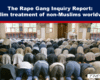 Header banner with the headline 'The Rape Gang Inquiry Report: Muslim treatment of non-Muslims worldwide' above a crowded prayer hall where people bow in prayer.