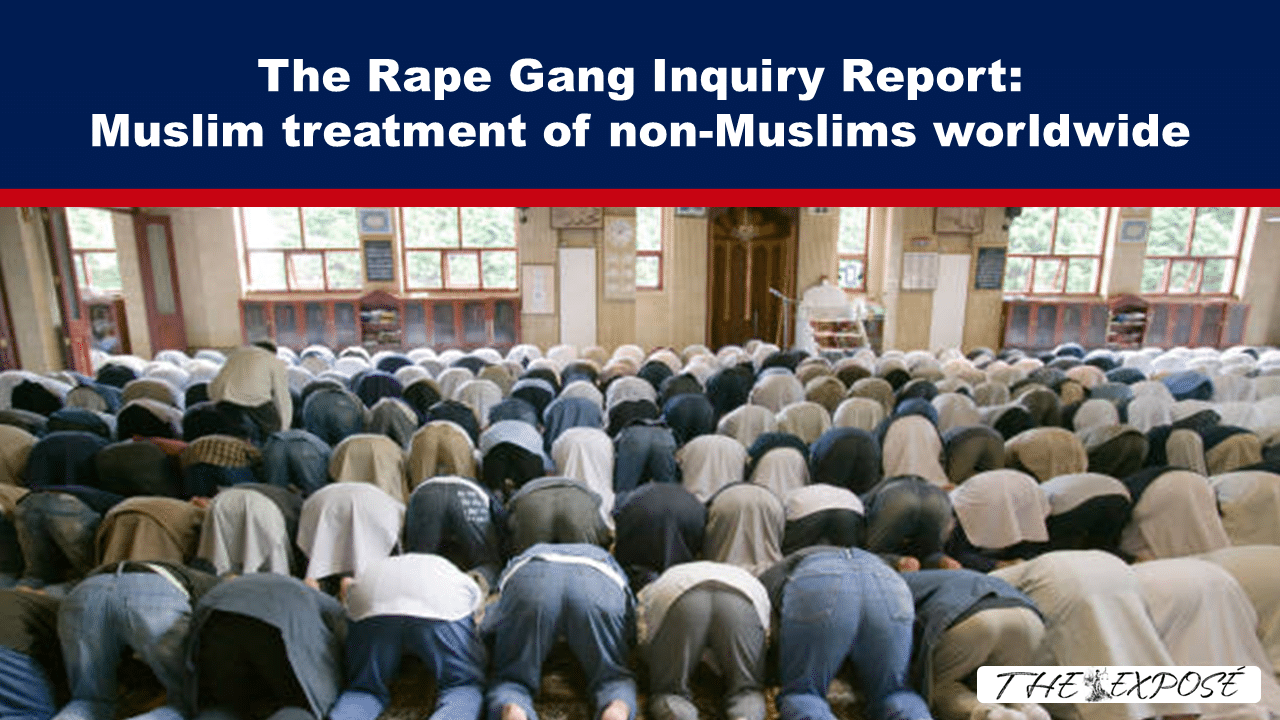 AugFeat2a - The Expose Header banner with the headline 'The Rape Gang Inquiry Report: Muslim treatment of non-Muslims worldwide' above a crowded prayer hall where people bow in prayer.