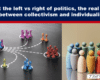 Banner headline about collectivism vs individualism; left shows interconnected pawns, right shows colorful figures in a circle.