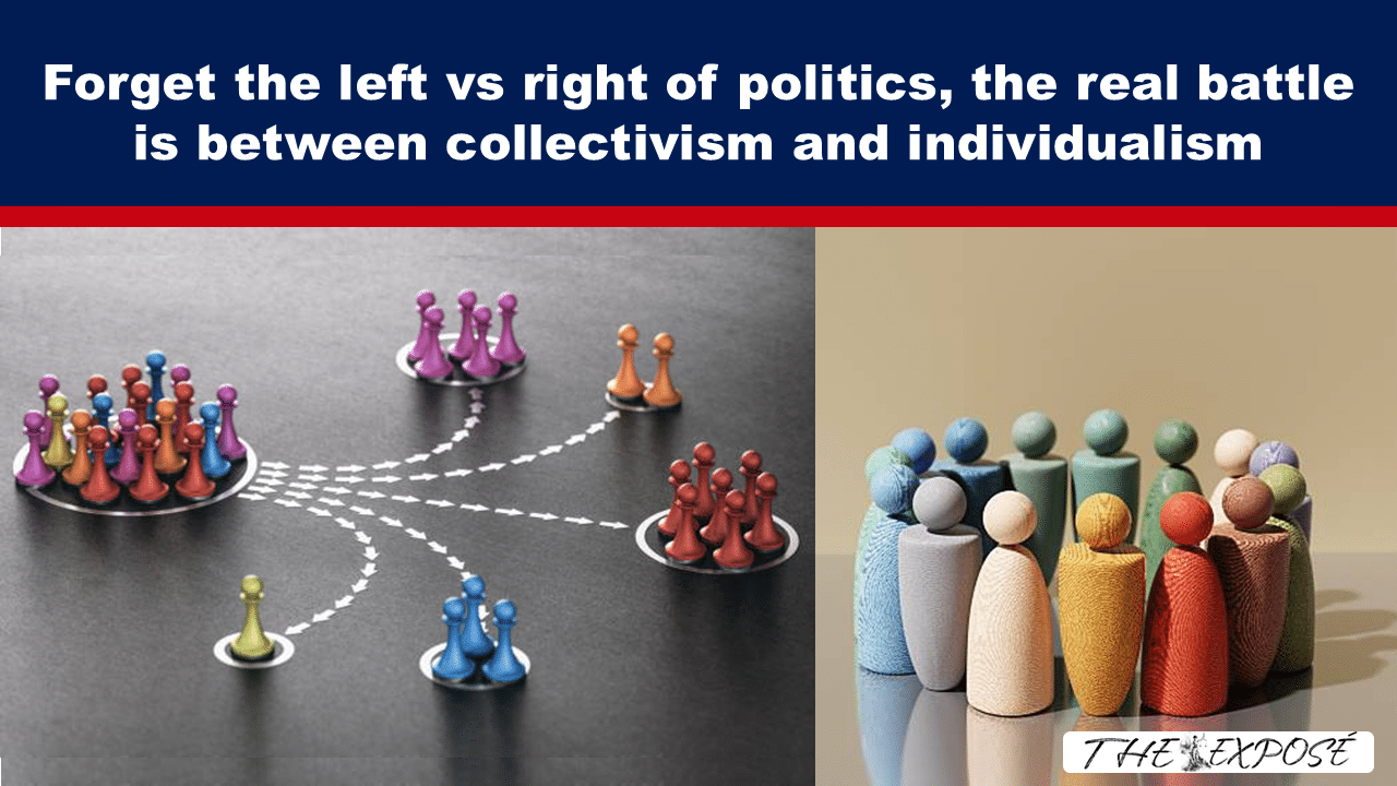 Banner headline about collectivism vs individualism; left shows interconnected pawns, right shows colorful figures in a circle.
