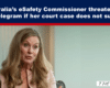 News banner about the eSafety Commissioner threatening to ban Telegram; woman speaks in an office setting.