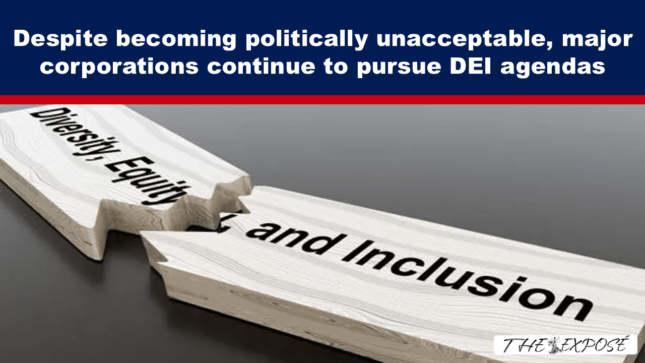 Bold headline claims major corporations pursue DEI agendas, with a cracked wooden sign reading 'Equality and Inclusion'.