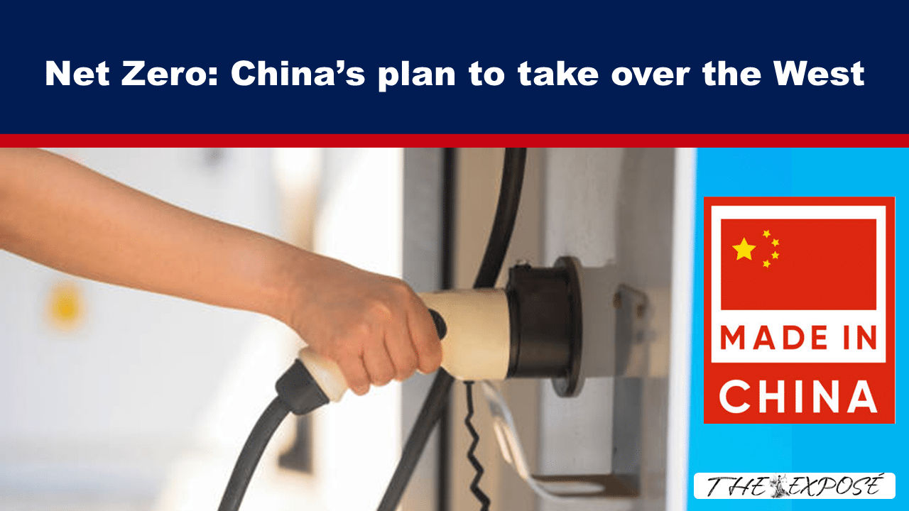 Close-up of a hand plugging an electric car charger into a port, with a 'Made in China' badge and the headline about Net Zero: China’s plan to take over the West.