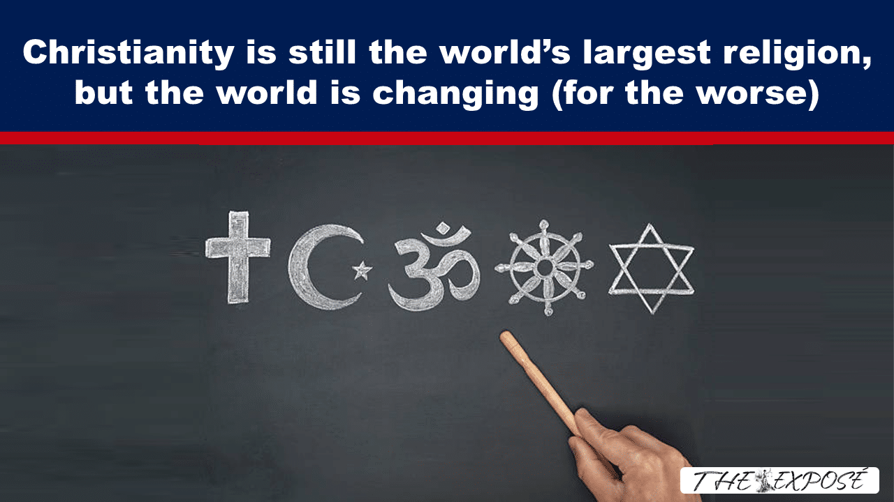 Chalkboard with chalk-drawn symbols of major religions (cross, crescent, Om, wheel, Star of David) and a hand holding chalk beneath a headline about Christianity and global change.