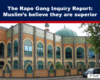 Banner reads: 'The Rape Gang Inquiry Report: Muslims believe they are superior' above a brick building with green arched windows and decorative top panels.