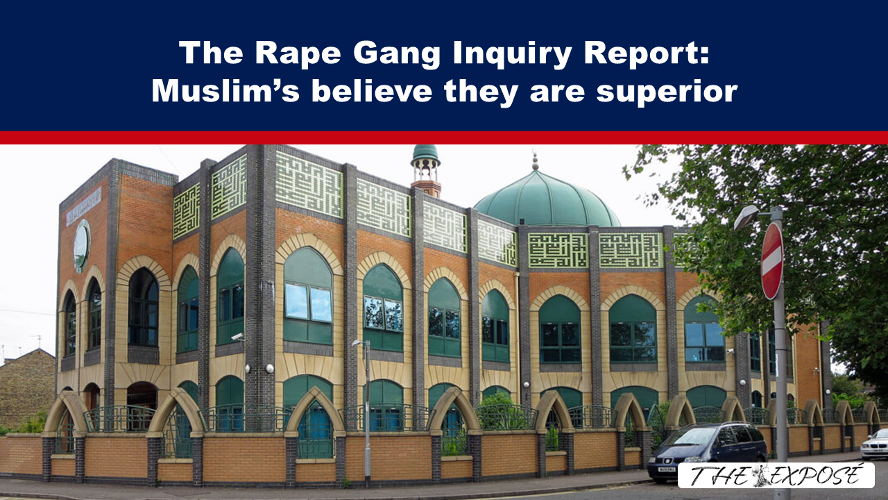Banner reads: 'The Rape Gang Inquiry Report: Muslims believe they are superior' above a brick building with green arched windows and decorative top panels.