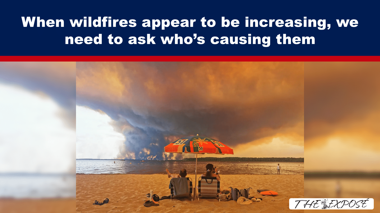 Article header: beach scene with a red umbrella and two people sitting, as a dramatic smoky sky frames the water; headline about wildfires.