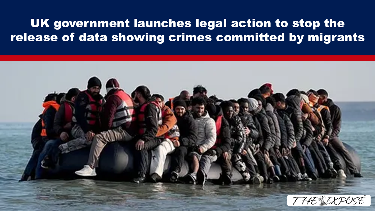 AugFeat4 - The Expose News banner about UK government action on data about crimes by migrants; photo shows a crowded migrant raft at sea beneath the headline banner.