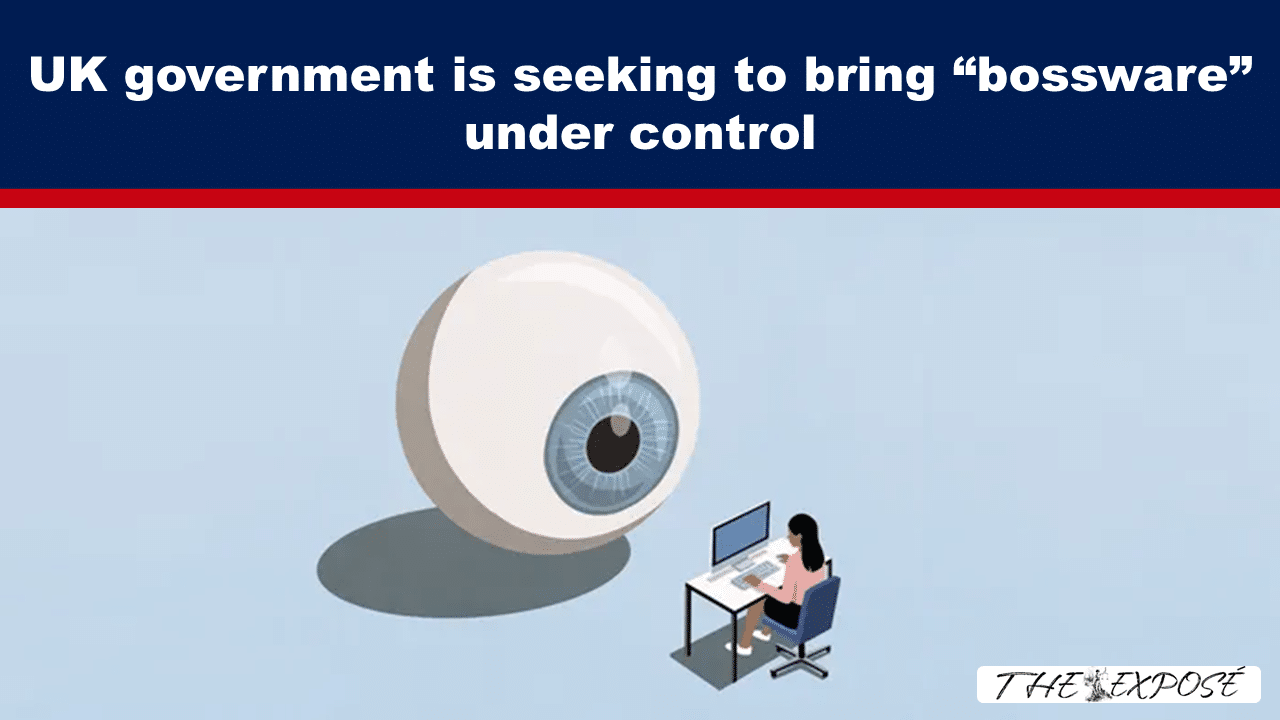 AugFeat4a - The Expose Illustration of a giant eye watching a person at a desk computer, symbolizing government oversight of bossware; headline about the UK proposal.