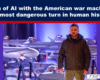 Man in a brown jacket stands among rows of unmanned aircraft in a drone hangar; headline about AI and the American war machine.