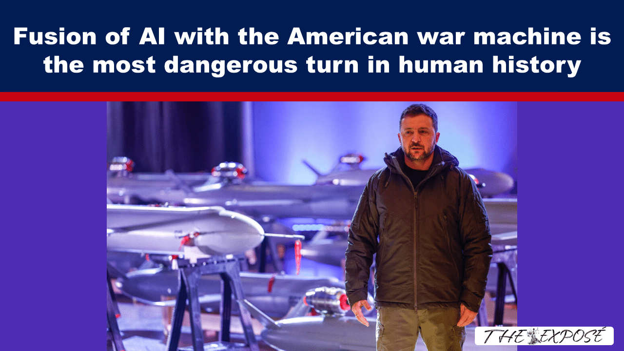 AugFeat4b - The Expose Man in a brown jacket stands among rows of unmanned aircraft in a drone hangar; headline about AI and the American war machine.